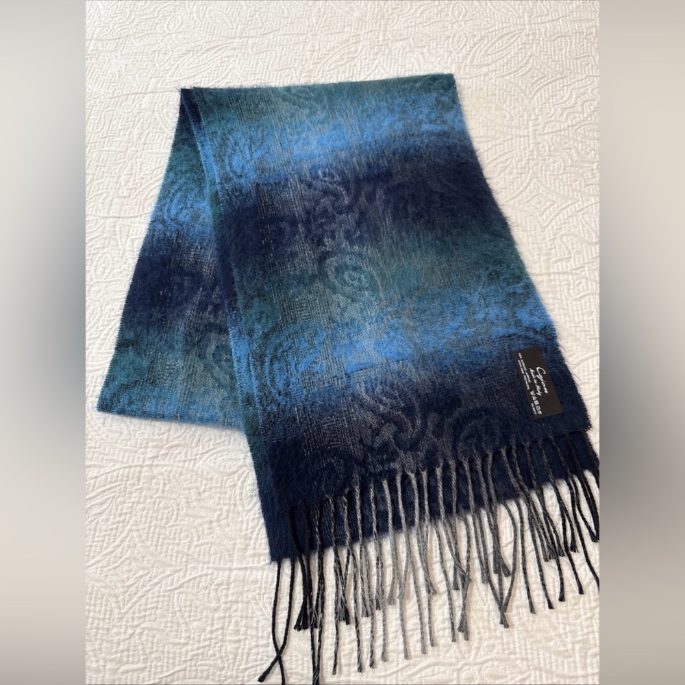 Cejon Scarf Blue Floral Paisley Wrap 11.5"x64" Rectangle Fringe Made In Italy